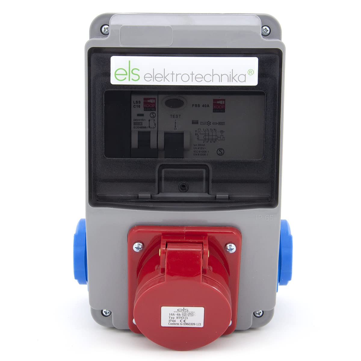 ELS Elektrotechnika Steckdosenverteiler Baustromverteiler Wandverteiler Schuko 2x230V + Sicherungen Leitungsschutzschalter 1x LS C16 + Fehlerstromschutzschalter FI 40/4/0.03A Verdrahtet Anschlußfertig