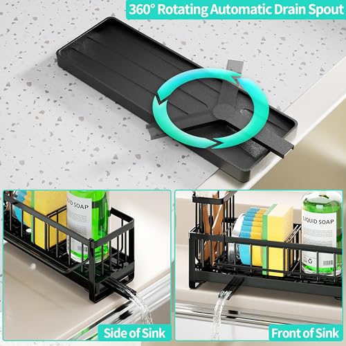 HapiRm Spülbecken Organizer Küchen Schwammhalter - Selbstentleerender Spüle Organizer mit Bürstenhalter und Geschirrtuchhalter, Edelstahl Spülmittel Organizer für die küche aufbewahrung & organisation 2