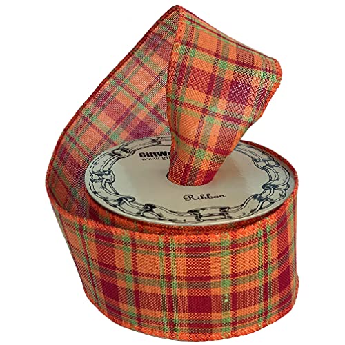 Image of Fall Cider Plaid Wired Ribbon - 2 1 /2 inch x 10 Yards, Orange, Green, Red, Fall Plaid, Autumn Decor, Halloween, Thanksgiving, Christmas Ribbon, Farmhouse Decor, Garland, Wreath, Bows, Gift Basket,