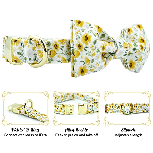 Image of Dog Collar Floral with Elegant Bow Tie Soft Comfy Cotton Adjustable Collar , Premium Metal Buckle for Puppy and Cat Small Medium Large（Daisy Flowers，L）