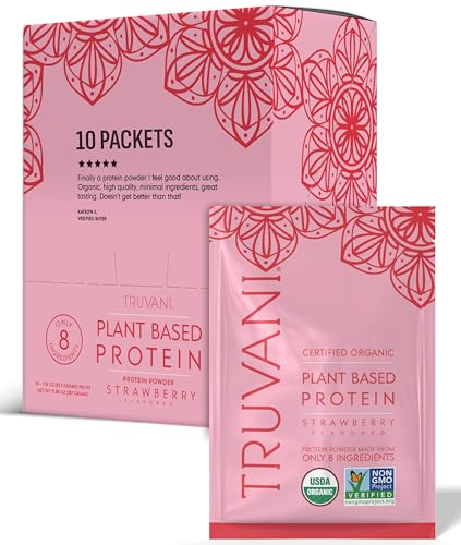 Truvani Vegan Pea Protein Powder | Strawberry | 20g Organic Plant Based Protein | Single Serving Travel Packets | 10 Servings | Keto | Gluten & Dairy Free | Low Carb | No Added Sugar