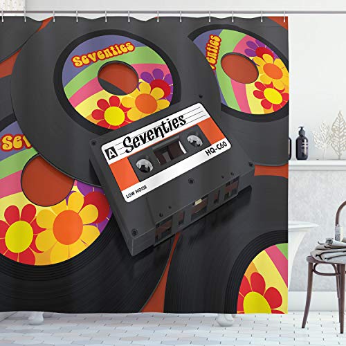 ABAKUHAUS Musik Duschvorhang, Kassette Vinyl 70er, Stoffliches Gewebe Badezimmerdekorationsset mit Haken, 175 x 180 cm, Dunkelgrau