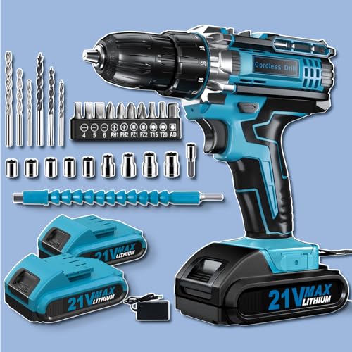 Cordless Drill Set, PowerDrill Driver and Screwdriver Set with 2 Batteries, 10mm Keyless Chuck, 42Nm Max, 25+1 ElectricDrill, 2 Speed Power Combi BatteryDrill Set with 27 Accessories for Home DIY