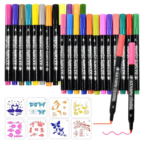 Zuxbolf Marcadores têxteis, 24 marcadores têxteis permanentes, não tóxicos e indeléveis, pintura para tecido com ponta fina, marcadores de tecido laváveis à máquina, com 8 modelos de desenho para
