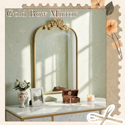 Image of Vercraft Gold Bow Mirror 27 inchx19 inch Vintage Arched Vanity Wall Decorative Mirror with Metal Frame Antique Baroque Bow Decor for Home Dressing Table Entryway Bathroom Hallway Living Room