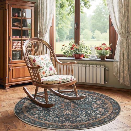 jinchan 5ft Washable Round Area Rug, Soft Floral Non-Slip, Dark Blue