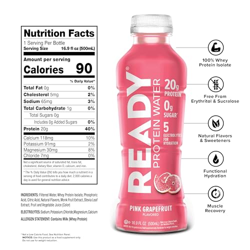 Image of Ready Clear Protein Water, Pink Grapefruit, 20g Whey Protein Isolate 12Pack | 0 sugar, Low-calorie sports drink with electrolytes & essential amino acids for hydration & recovery; 16.9 fl oz