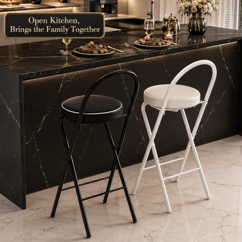 Image of Folding Bar Stool with Backrest Counter Height Chair Padded Seat Cushion Space Saving Foldable Stool for Kitchen Island Extra Portable Indoor Seating(Black,25.6 inch Seat Height (65cm))