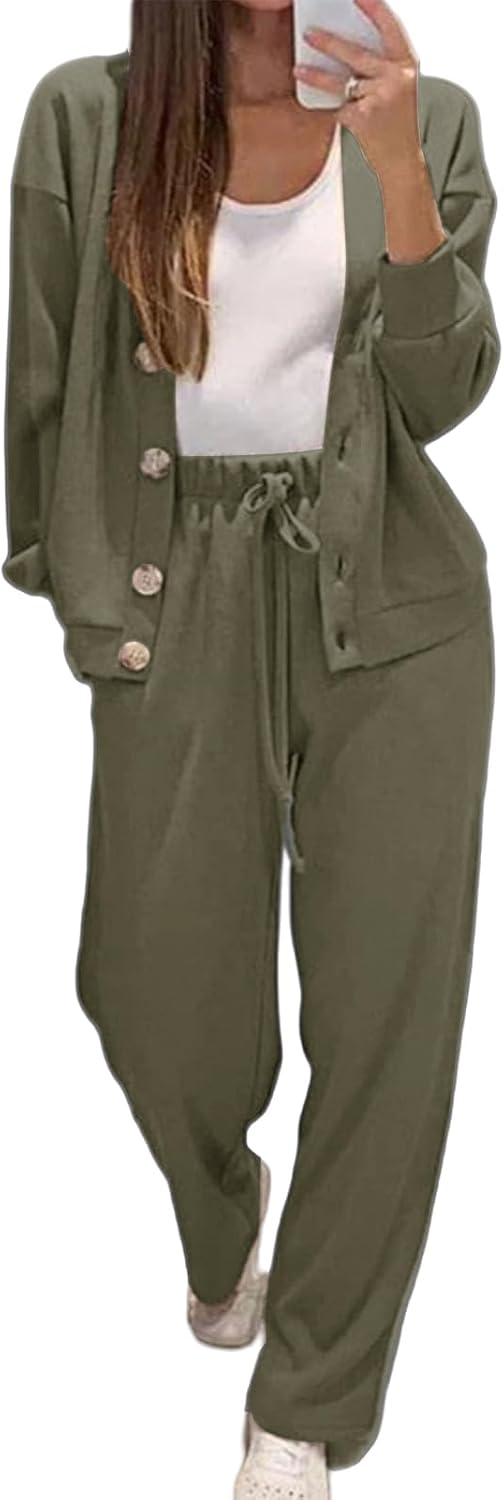 Two Piece Lounge Sets for Women Button Down Shirts Jackets Wide Leg Pants Tracksuit Matching Winter Clothes