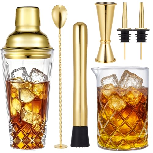 Mifoci 7 Pcs Gold Glass Cocktail Shaker Set Bartender gift set with 14oz Shaker 24oz Cocktail Mixing Glass Measuring Jigger Mixing Spoon Stainless Steel Bottle Pourers for Bartender Professional Bar