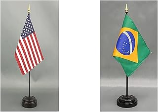 Brazil Desk Flag Set American Made Rayon 4x6 inch Office Desk and Little Hand Waving Table Flags Includes an American and Country Flag with 2 Stands (Brazil)