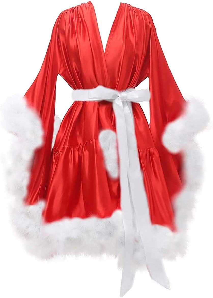 yinyyinhs Plus Size Feather Robe Short Silk Satin Bridal Robe Short Lingerie Nightgown Bathrobe Sleepwear Maternity Robe with Belt Red-White 4XL