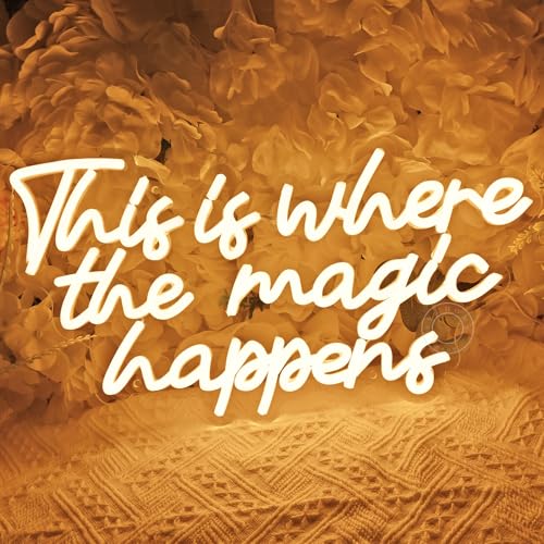 Image of SYLHOME This Is Where The Magic Happens Led Neon Light Sign Bedroom Wedding Birthday Party Wall Decor Sign Bar Pub Kids Room Decoration USB 16.9 inch X 8.9 inch Warm White