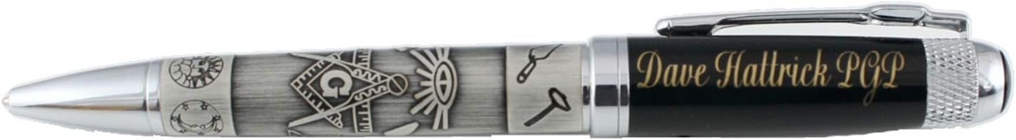 Personalized Engraved Masonic Ballpoint Ink Pen Embossed Masonic Symbols on Black Cap & Pewter Plated Barrel In Gift Box With Square & Compasses Emblem