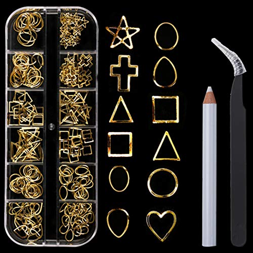 3D Gold Metal Nail Studs- Nail Gold Rivets for Nail Art Geometric Circle Oval Heart Triangle Square Shaped Nail Art Decorations with 1Pcs Tweezers And 1Pcs Picker Pencil