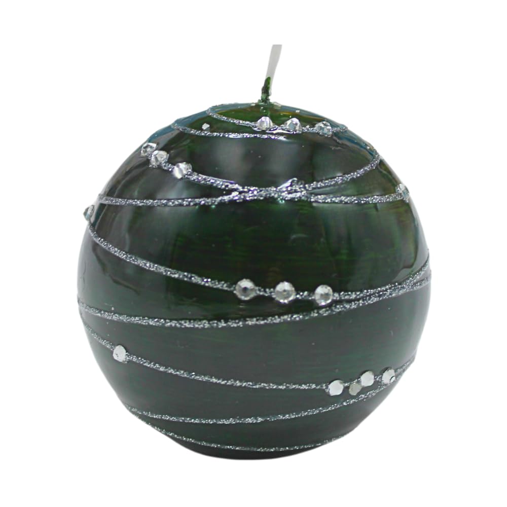Dekohelden24 Elegant Ball Candle Table Candle Decorative Wax Candle with Gemstone Motif, 8 cm Silver Stripe, Dark Green