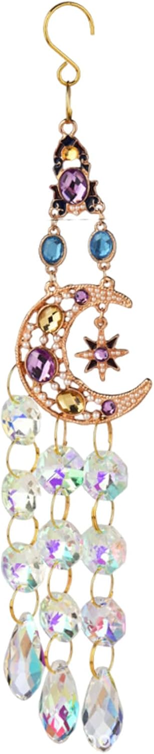Crystal Sun Catchers for Windows, Gold-Plated Hanging Sun Catcher with Prisms - Rainbow Maker for Indoor Outdoor Garden Decor, Boho Light Catcher Gift for Home (Moon)