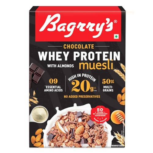 Bagrry's Whey Protein Muesli 500g | 20g+ Protein | Chocolate Flavour | Whole Oats, Whey Protein, Californian Almonds & Bran | Breakfast Cereal | High 