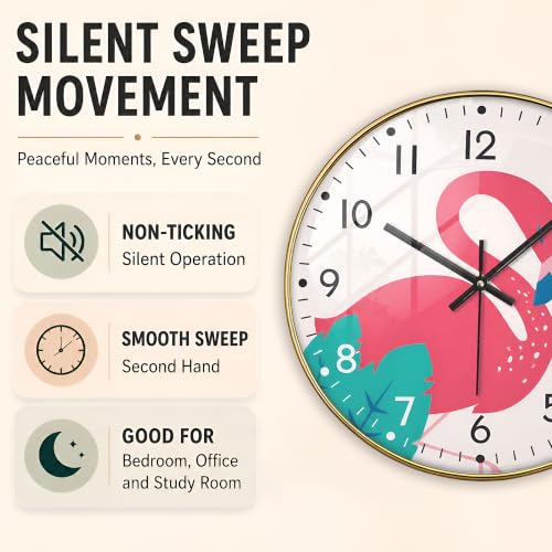 Image of Flamingo Wall Clock for Home Decor Non-Ticking Silent Wall Clock | Modern Wall Watch for Hall, Living Room, Office & Bedroom | Fancy Wall Clocks Battery Operated | Round Easy-to-Read Wall Watch
