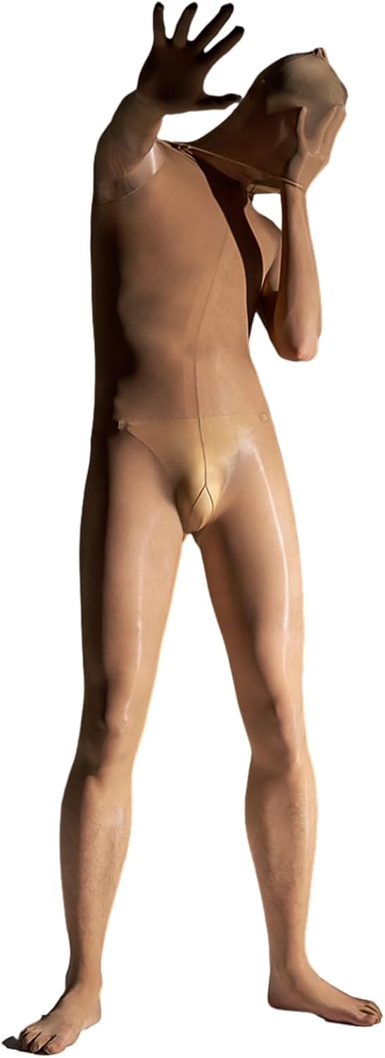 LESOYA Men's Sexy Plus Size 8D Oil Shiny Glossy Full Bodystocking High Elastic Bodysuit Catsuit Attatched Gloves Toes Hood