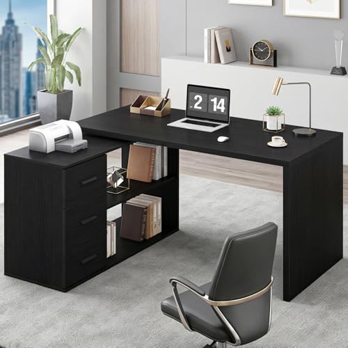 Image of HSH Black L Shaped Desk Corner Desk with 3 Storage Drawers 55 inch | Reversible Home Office Corner Desk with 2 Open Side Shelves Modern Wood Executive L Desks for Bedroom,Study Workstation