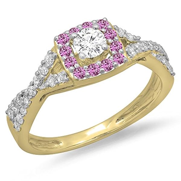 Små skatter 14 karat gult guld rund rosa äkta safir och vit diamant virvel delad skaft förlovningsring