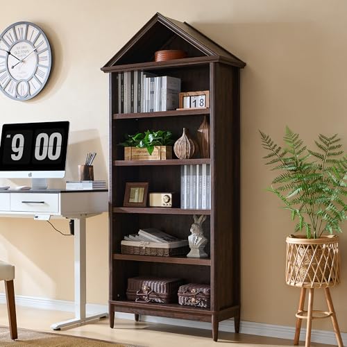 IFGET 75.9' Tall Farmhouse Bookcase, Angle Arched 5 Tiers Large Bookshelf with Adjustable Shelves, Modern Wooden Geometric Book Shelf w/Storage and Open Display Shelves for Living Room, Office-Brown