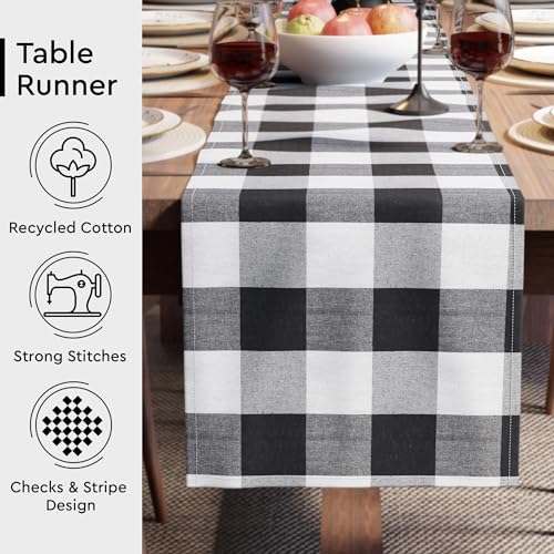 Image of Encasa XO Cotton Table Runner for 4 to 6 Seater | Size 13x72 in | Buffalo Black Checks - Machine Washable & Durable