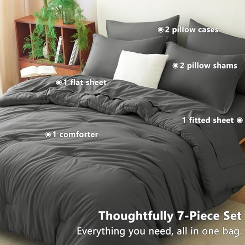 CozyLux King Size Comforter Set Dark Grey, 7 Pieces Bed in a Bag King Comforter Set with Sheets, Bedding Set with Down Alternative Comforter, Fitted Sheets, Flat Sheets, Pillow Shams and Pillowcases