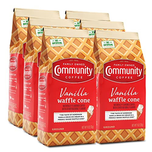 Image of Community Coffee Vanilla Waffle Cone 66 Ounces, Ice Cream Flavored Ground Coffee, 11 Ounce Bag (Pack of 6)