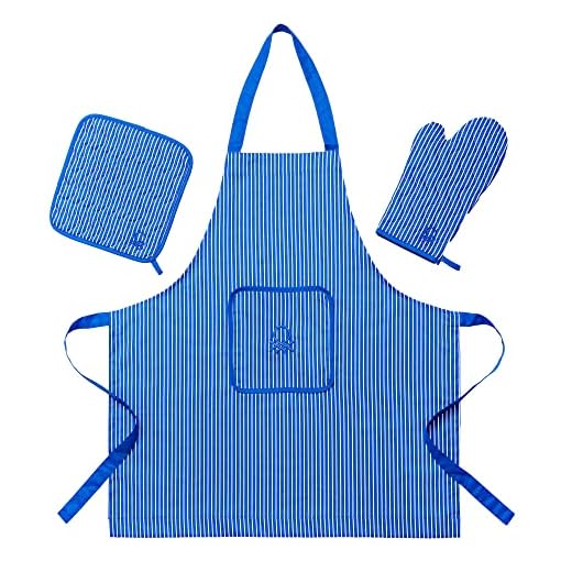 UNITED COLORS OF BENETTON. Set 3pcs (Delantal+manopla+agarrador) 100% algodón 190gsm Azul Casa Benetton, M