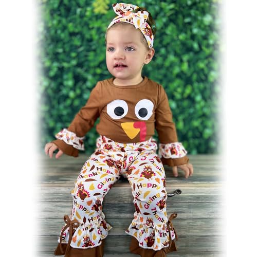 Image of HINTINA Toddler Baby Girls Halloween Thanksgiving Outfits Bell Bottom Flared Pants Set