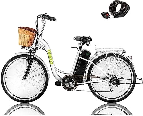 NAKTO Electric Bike for Adult Electric Bicycle 22MPH 45 Miles City Commuter Ebike Step Thru Ebikes High Brushless Gear Motor Shimano 6-Speed Gear Electric Cruiser Bike with Basket for Female Male