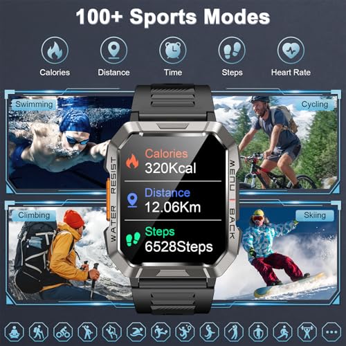 Smartwatch Men Military, 100 Days Battery Life/LED Flashlight/Compass/2 Wristbands/IP68 Waterproof, 100+ Sports Modes Sports Watch, Make/Receive Calls Smartwatch Outdoor Fitness Watch for Android iOS - Image 5