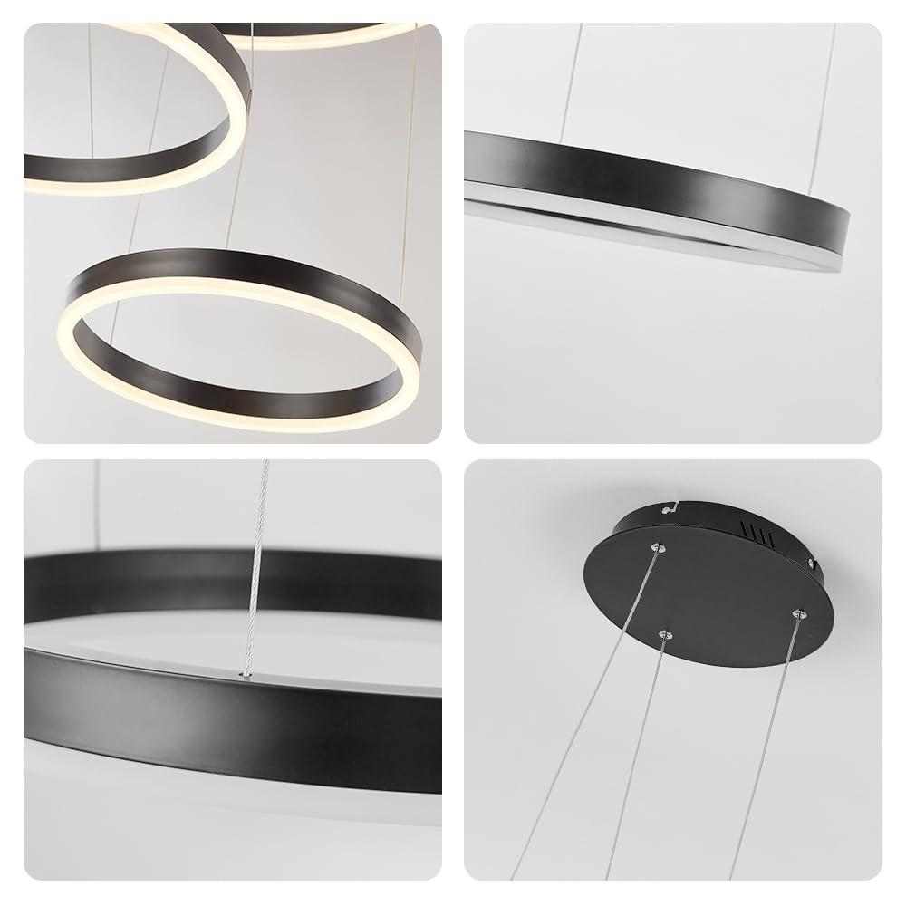 STARRYOL Lampada a sospensione moderna a LED, lampadario a sospensione a luce regolabile a 3 anelli Lampadario moderno a soffitto, dimmerabile 2700K - 6500K, con telecomando 78w - nero