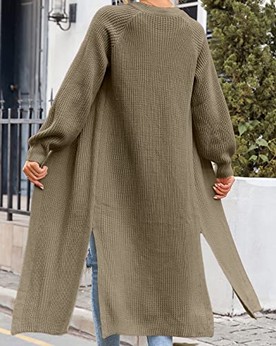 Image of Newffr Women's Open Front Maxi Long Knitted Cardigan Solid Casual Loose Cable Sweater Coat Outwear Olive Green X-Large