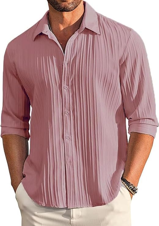 Image of Men's Casual Button Down Linen - Long Sleeve Textured Summer Beach Shirt - Men's Fashionable Lightweight Breathable Stylish Fancy for Vacation