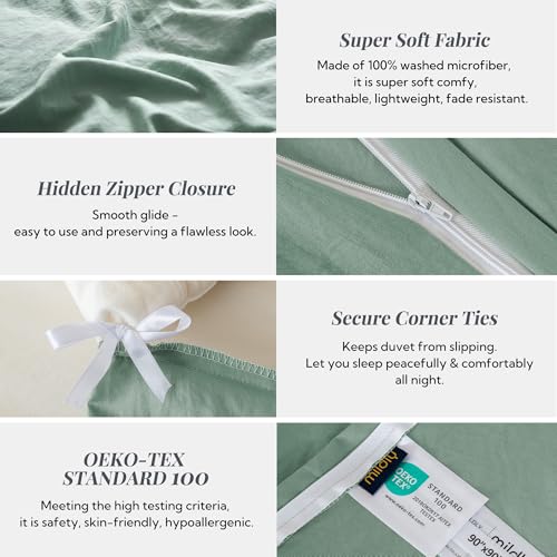 Image of MILDLY Duvet Cover Twin Ultra Soft Comforter Cover Set 2pcs, Sage Green | Washed Microfiber Cotton-Like, Breathable Comfort, Hidden Zipper, Corner Ties, OEKO-TEX Certified, Fade Resistant