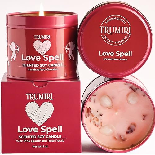 Love Spell - Scented Candles for Women & Men with Rose Petals and Crystals - 5oz Soy Clean Organic Non Toxic - Velas Aromáticas - Aromatherapy Spa Valentines Gift Home Décor Aesthetic Candel