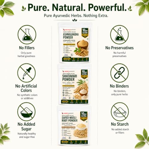 Image of Ashwagandha Shatavari Safed Musli Root Powder Combo | 110g Each (3 Pouches) | Pure & Natural Ayurvedic Herb Powder | No Additives, No Fillers | 330g Total