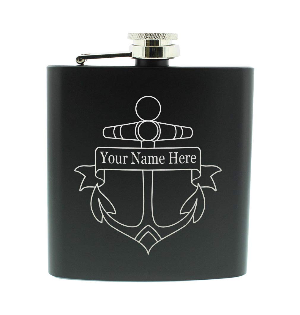 Custom Flask Nautical Boat Anchor Engraved Name Gifts Personalized 6oz Stainless Steel Hip Flask Black
