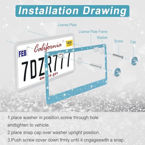 Image of Amiss Bling License Plate Frame for Women, 1Pack Rhinestone Handcrafted Crystal Premium Stainless Steel, Stainless Steel Car Decorative Accessories with Diamond Sparkle Glitter Caps (Blue)