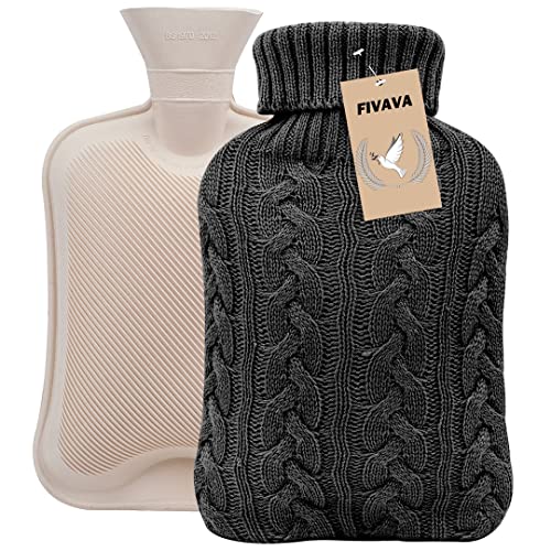 Wärmflasche mit Bezug-Weicher Premium Strickbezug, Wärmeflasche groß 1.8L Wärmflaschen Sicher und Auslaufsicher,Bettflasche für Kinder und Erwachsene, Schwarz Cover