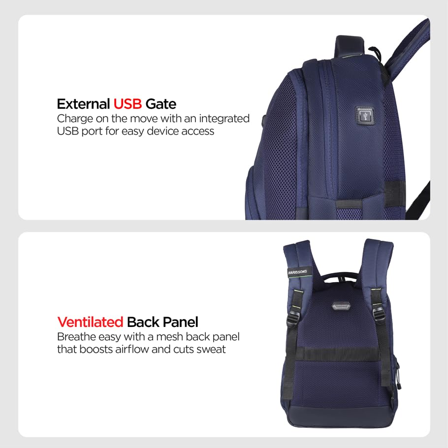 HARISSONS Zylo Travel Laptop Backpack | 40L | Fits 15.6β Laptop | Fisio Fit Straps, Elevated Laptop Cradle, Quick-Access Pockets, Bottle Security, Ventilated Back | Work, Travel & College (Navy) 4