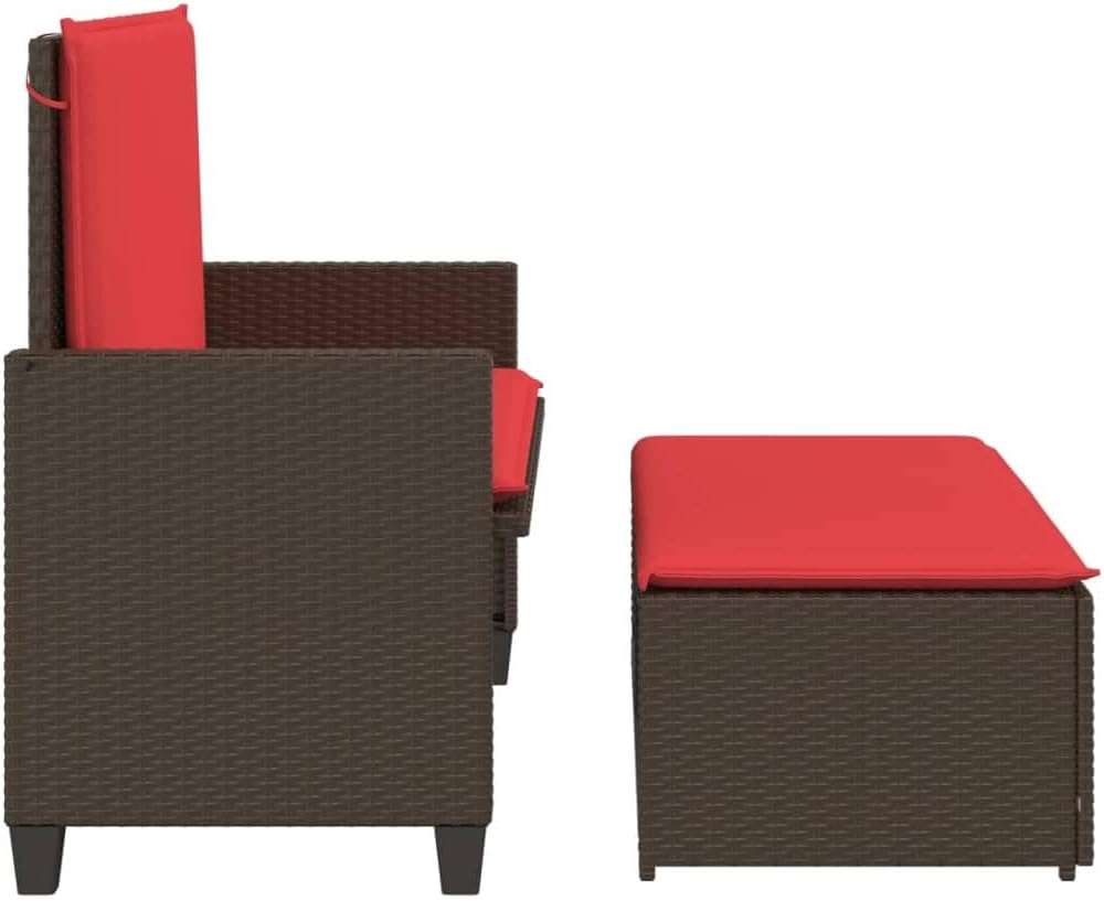 Brown 2-in-1 Patio Loveseat 48"x21.7"x38.2" PE Rattan Sofa Bed with Footstool & Red Cushions Weather-Resistant Outdoor Seating for Garden Poolside Porch
