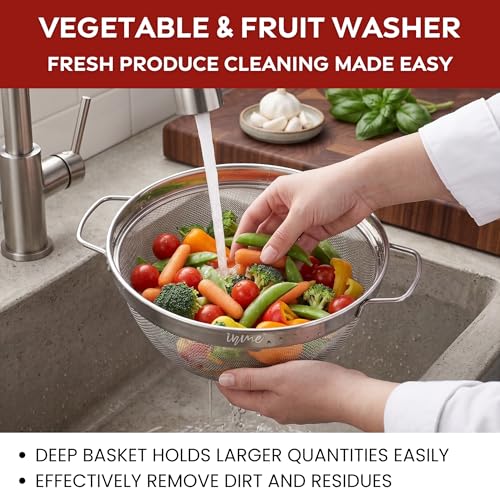 Image of Inme Stainless Steel Food Strainer for Juice Soup Sauces Noodle Pasta Straining Rice Vegetable & Fruits Washing Puran Jali Multipurpose Deep Basket Bowl Sink Chalni Channi Colander Sieve for Kitchen