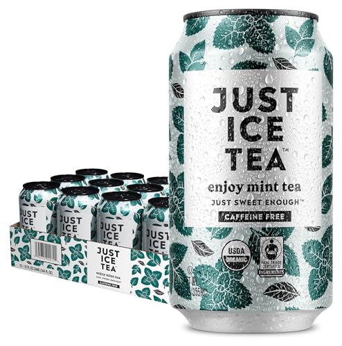 Image of Just Ice Tea, Enjoy Mint Iced Tea, 12-Pack (12oz Cans), Caffeine Free Herbal Tea, USDA Certified Organic, Real Brewed, Low Calorie, No Artificial Sweeteners, Fair Trade, Made in USA.
