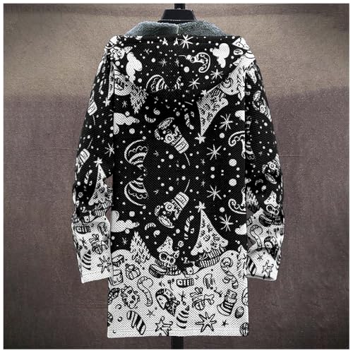 Ugly Christmas Mens Cardigan Sweater Retro Fall Sherpa Fleece-Lined Plus Size Long Sleeve Zip Up Long Sweater Heavy Warm Christmas Graphic Hoodedcoats With Pockets black, L3