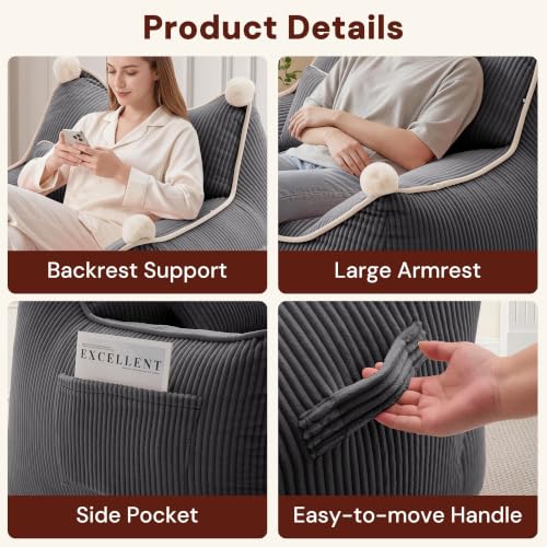 Korser Bean Bag Chair for Adults and Teens, Small Bean Bag Couch Cozy with Foam Filler, Corduroy Comfy Beanbag Chair with Back Support, Lounge Floor Sofa for Living Room, Reading, Bedroom, Grey - image 5