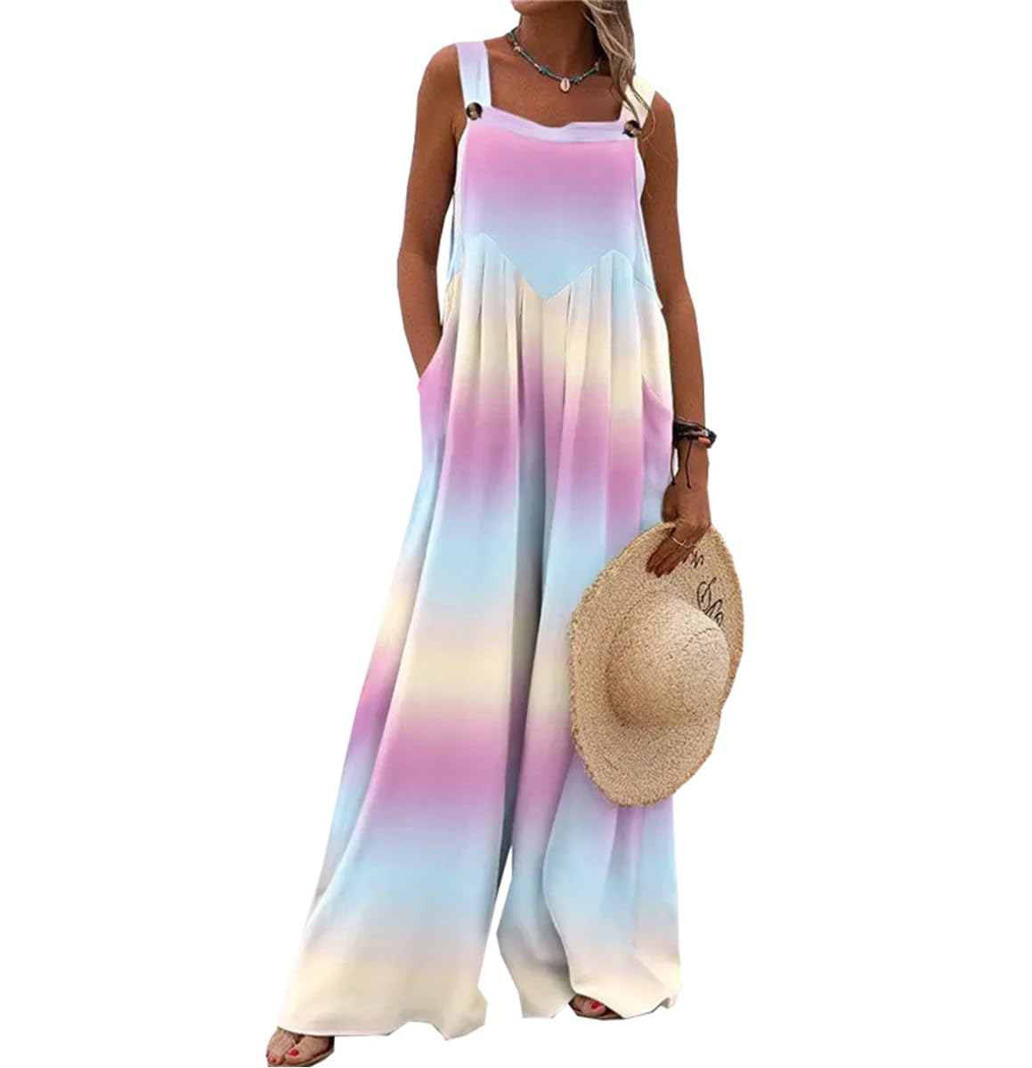 QUNERY Peto Mujer Verano Sin Mangas Mono Informal Estampado Floral Mono Oversize Suelto con Bolsillos
